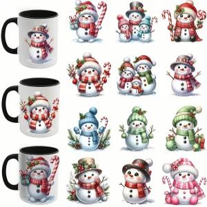 12pcs 크리스마스 겨울 눈사람 나무 UV DTF 컵 랩 유리컵용 이송 방수 스티커 가구 공예 DIY 공예품 물병