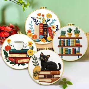 초보자를 위한 젠칭 4 책장 장면 자수 키트 사전 인쇄된 29x29cm 원형 면직물 세트 20cm 후프 독서 및