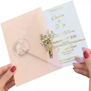 벨룸 재킷이 포함된 아크릴 청첩장 세트 금박 봉투 및 스티커가 플라워 트위드 클리어