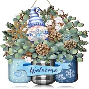 겨울 환영 현관문 간판 나무 눈송이 놈 크리스마스 야외 홈 데코용 난쟁이가 그려진 농가 걸이 명판 장식