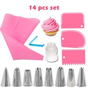 14PCS 케이크 장식 키트 아이싱 스크레이퍼 커플러 노즐 실리콘 도구 파이프 가방 과자 세트 DIY