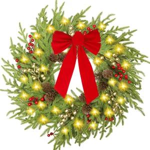 조명이 있는 AMORISE 크리스마스 화환 현관문용 프리 라이트 노퍽 소나무 원뿔이 리얼 터치 인조 그린 윈터