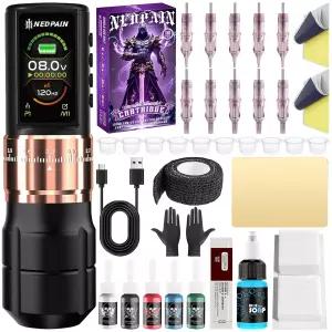 네드페인 조절식 무선 타투 기계 펜 세트 1.47인치 2400mAh 8v/8500RPM 도팅 및 메모리 기능 초보자