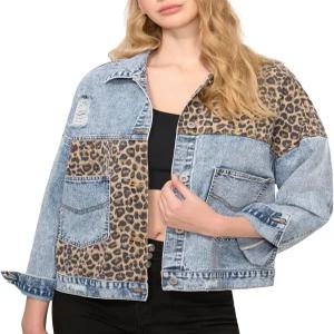 나이스큐 여성 진 재킷 레오파드 데님 여성용 치타 프린트 코트 워싱 긴 소매 찢어진