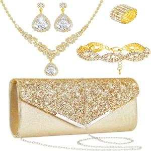 헤노이소 5개 라인스톤 주얼리 세트 프롬 지갑 클러치 신부 목걸이 귀걸이 여성용 팔찌