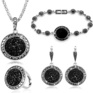 마쿠에즈 4팩 여성용 블랙 주얼리 세트 목걸이가 달린 라인스톤 귀걸이 팔찌 반지 발렌타인데이 파티용