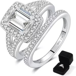 여성용 3CT 모이사나이트 웨딩 세트 완벽한 매칭 에메랄드 컷 약혼 반지 밴드 신부 스털링 실버 D 컬러