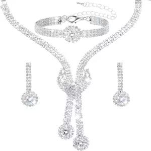 여성용 텔루코 실버 라인스톤 주얼리 세트 - 목걸이 크리스탈 댕글 귀걸이 팔찌 블링 웨딩 공식 의상 여성