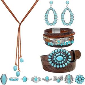 뉴잇 13피스 여성용 가죽 웨스턴 주얼리 세트 보헤미안 코스튬 청록색 목걸이 벨트 팔찌 반지 귀걸이