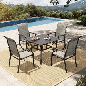 헤라의 집 5피스 파티오 다이닝 세트 야외 4인용 전천후 테스틸린 패딩 의자 37인치 정사각형 금속 테이블