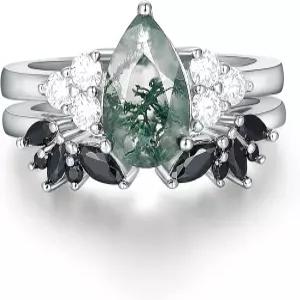 IRROYA 블랙 골드 도금 내추럴 모스 게이트 브라이덜 웨딩 링 세트 925 스털링 실버 고딕 빈티지 프로미스