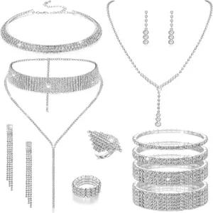 Vieyomn 13개 여성용 라인스톤 주얼리 세트 결혼식 의상 크리스탈 목걸이 테니스 팔찌 반지 귀걸이 신부