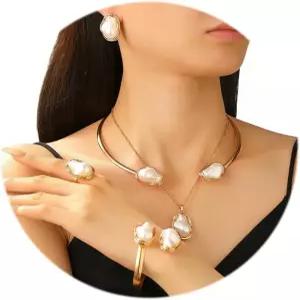 데비노트 여성용 진주 주얼리 세트 바로크 펜던트 목걸이 링 귀걸이 팔찌 불규칙 초커 트렌디 칼라