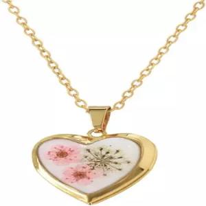하트 로켓 건조 꽃 펜던트 목걸이 스테인리스 스틸 금도금 귀여운 연분홍 프레스 야생화 참 사진 초커 패션