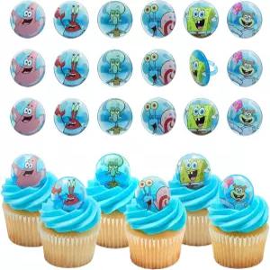 스폰지밥 패트릭 게리 미스터 크랩스 샌디 볼 스퀴드워드가 등장하는 데코팩 네모바지 반지 컵케이크 토핑