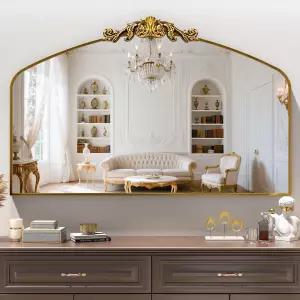 빈티지 아치형 욕실 거울 48인치 x 30인치 레트로 벽걸이 배니티 패턴 상단과 알루미늄 프레임 걸거나