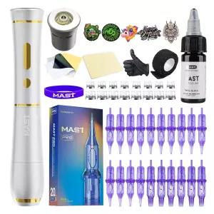 마스트 타투 P40 무선 건 머신 키트 - 눈썹/입술/라이너용 로터리 펜 20개 카트리지 바늘 아티스트용 경량