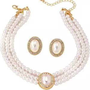 골드 톤 크리스탈 액센트가 있는 우아한 진주 주얼리 세트 멀티 스트랜드 초커 목걸이 및 타원형 스터드