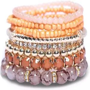 핑용창 스태커블 다층 보헤미안 크리스탈 비즈 여성용 세트 컬러풀 골드 천연 스톤 스트링 스트레치 뱅글스