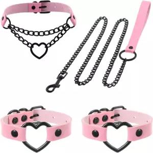 FM FM42 멀티컬러 PU 시뮬레이션 가죽 블랙/실버 톤 하트 링과 탈부착 가능한 체인 목줄 칼라 초커 목걸이