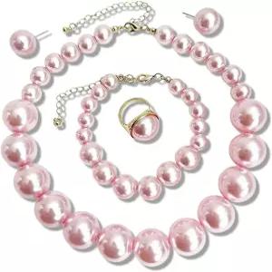 귀걸이 목걸이 팔찌 및 반지가 포함된 우아한 진주 주얼리 세트 대형 인조 구슬 여성용 클래식 문구