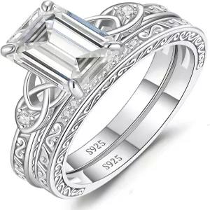 아베콘 3CT 모이사나이트 약혼 반지 세트 에메랄드 컷 셀틱 매듭 디자인 925 스털링 실버 웨딩 신부