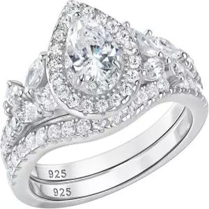 블롱메 925 스털링 실버 배 컷 헤일로 웨딩 약혼 반지 세트 여성용 브라이덜 링 AAAA 큐빅 지르코니아 약속