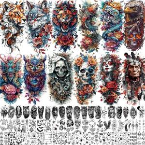 71장 여성용 죽은 두개골 임시 문신 남성 올드 스쿨 할로윈 가짜 스티커 타이거 울프 라이온 드래곤 플라워