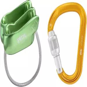 나사 잠금 카라비너가 부착된 PETZL 베르소 벨레이 장치 등반 또는 랩핑 중 하나 두 개의 로프 가닥을 위한