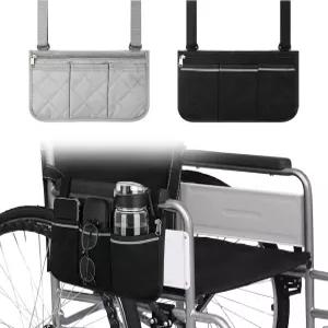 컵 홀더가 있는 2Pcs 휠체어 사이드 백 워커용 방수 팔걸이 지퍼 보관 파우치 롤레이터 전동 모빌리티
