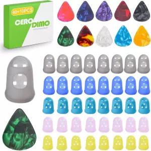 CeroDimo 40개 실리콘 기타 핑거팁 프로텍터 및 픽 10개 기타용 가드 5가지 사이즈 우쿨렐레 베이스 바느질