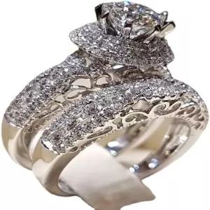 QUSIIOSLK 럭셔리 925 스털링 실버 신부 반지 세트 AAA 큐빅 지르코니아 CZ 풀 다이아몬드 약혼 결혼식 2개