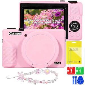 CBOZPFA 캐논 파워샷 G7 액세서리 부드러운 핑크 손목 스트랩 마크 실리콘 유리 강화 보호 1개 III 카메라용 탈착식 케이스 디지털 2개 커버 렌즈