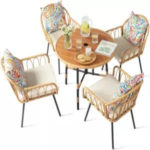 빈글리 5피스 야외 다이닝 세트 35.4인치 원형 PE 라탄 테이블 및 탈착식 쿠션이 있는 의자 4개 정원 잔디