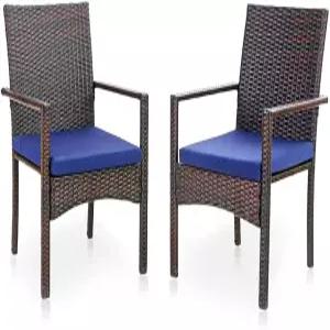 PHI 빌라 파티오 위커 의자 2종 세트 데크 현관 발코니용 탈착식 쿠션이 있는 야외 모던 PE 라탄 안락의자