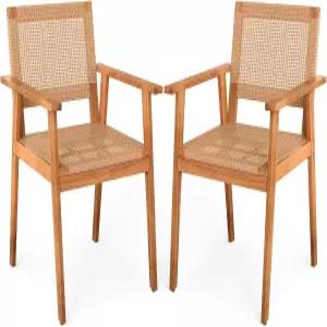 탱쿨라 아카시아 우드 야외 식탁 의자 세트 2개 등받이와 팔걸이가 있는 PE 라탄 파티오 현관 발코니