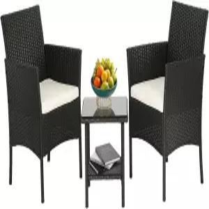 FDW 위커 야외 가구 파티오 세트 3 라탄 의자 대화 야드 뒷마당 잔디 현관 풀사이드 발코니 블랙