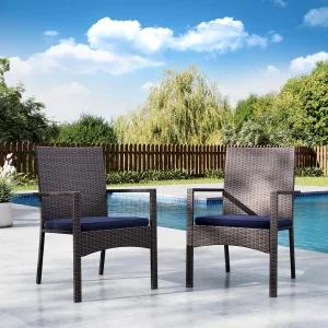 MFSTUDIO 파티오 라탄 의자 세트 2개 위커 야외 식탁 팔걸이가 있는 모든 날씨 안락의자 스틸 프레임