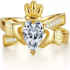 여성용 골드 클래다 반지 14K 도금 아일랜드 약혼 결혼 6.5mm 하트 시뮬레이션 다이아몬드가 포함된 변색