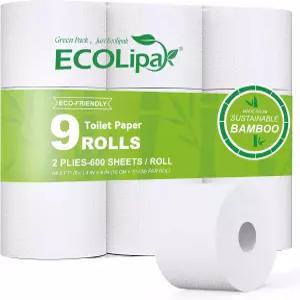 에코리팍 대나무 화장지 정화 안전 9메가 롤 롤당 600장 나무 없음 무독성 2겹 부드럽고 흡수성 염료 프리