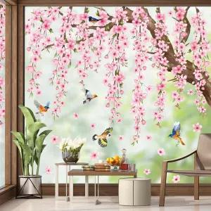 Whaline 봄 여름 꽃나무 창문 부착 스티커 벚꽃 가지 장식 파티 홈샵 디스플레이용 대형 핑크 플로럴