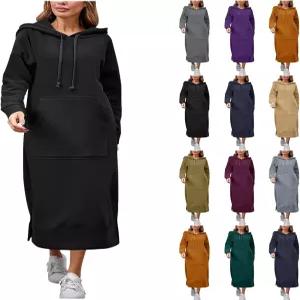SCRRMZO 여성용 롱 후드 플러스 사이즈 플리스 풀오버 드레스 긴 소매 재킷 맥시 포켓 포함