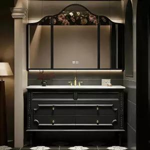 kmnub 36인치 욕실 배니티 스마트 디포그 미러 캐비닛이 있는 서랍 4개와 매끄러운 싱크대가 바닥 마운트