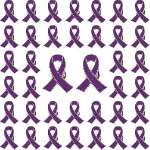 WANDIC 50개 보라색 리본 라벨 핀 가정 폭력 인식 페인트 배지 루푸스 알츠하이머 췌장암 브로치 박스