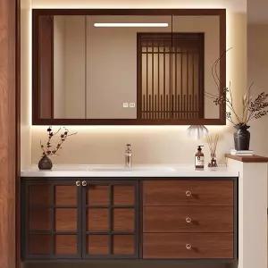 ZGNBSD 플로팅 욕실 배니티 심리스 싱크가 있는 견고한 목재 인텔리전트 안티 포그 미러 다기능 수납장이