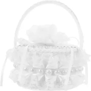 아모스펀 자수 반지 홀더 박스 플라워 걸을 위한 진주가 달린 미니 새틴 웨딩 바구니 결혼식 제안 기념일