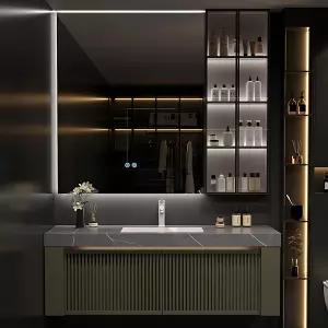 싱크대가 있는 ZGNBSD 욕실 배니티 솔리드 우드 배니티에는 오버사이즈 스마트 LED 디포그 미러 및 멀티