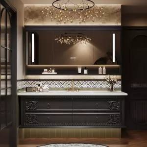 ZGNBSD 32인치 욕실 세면대 도자기 싱크대 스마트 김서림 거울 다층 원목 욕실용 맞춤형 수납대 방수 및