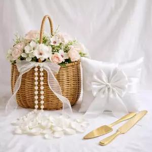 아셀레직 4개 웨딩 에센셜 번들 진주 손잡이 링 베어러 베개 실크 장미 꽃잎 결혼식 신부 샤워 커플을 위한