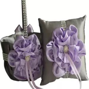 알렉스 감성 빅 플라워 컬렉션 링 베어러 베개 웨딩 걸 바구니 세트 회색 라이트 퍼플